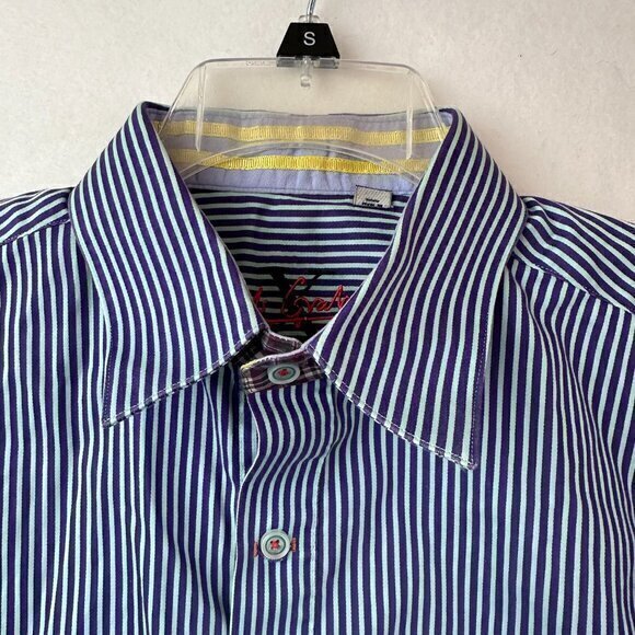Robert Graham Shirt Mens Large Cotton Stripe Flip Cuff   button up blue yellow - Picture 4 of 8